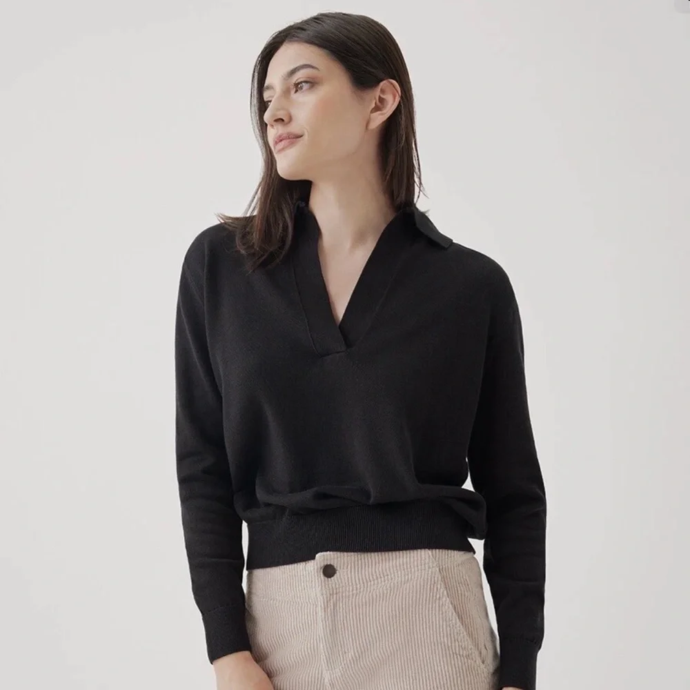 PACT WOMEN’S CLASSIC FINE KNIT POLO SWEATER ORGANIC COTTON DARK ACADEMIA PREP - Picture 2 of 13